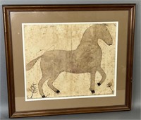 Ink & watercolor Fraktur drawing of horse by