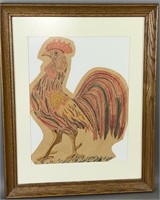 Framed pencil and watercolor rooster on brown