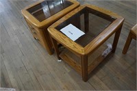 pair of solid oak end tables with bevelled