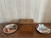 Walnut Lift Top Box and Two Decorative Plates