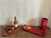 Glazed Shaped Dish and Vase and a Leather Covered