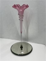 Cranberry Glass Vase With Mirrored Base, 18 "