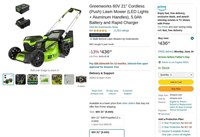 W5232  Greenworks Cordless Lawn Mower, 21" LED