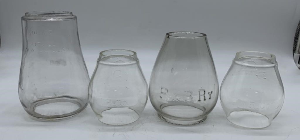 4 glass railroad lamp globes; 3 marked Dietz