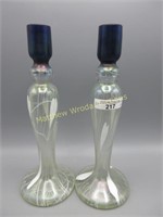 Imperial Freehand PAIR crystal irid candlesticks