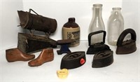 Primitive & Vintage Irons, Milk Bottles & More