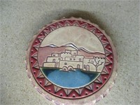 Vintage round Ceramic Wall Hanging of Taos pueblo