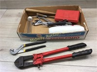 BOX WITH BOLT CUTTERS/ WRENCHES MISC TOOLS