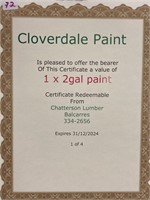 Two Gallons of  Paint Certificate