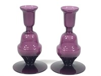 Fine Pair Antique Blown Amethyst Candle Holders