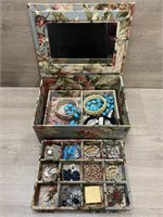 Large Linen Covered Jewelry Box With Jewelry- It