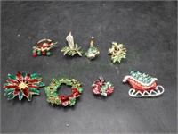 Eight Vintage Christmas Brooches