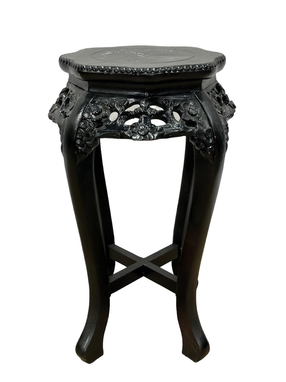 Antique Wood Carved Taboret Stand Painted Black