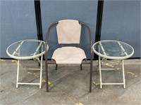 2 Glass Top Folding Tables & Aluminum Patio Chair