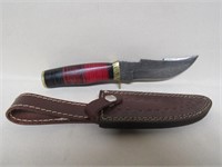 Damascus Fixed Blade w/Colorful Handle & Tooled