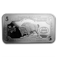 5 Oz Silver Bar - 1901 $10 Bison Note