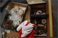 Box of Christmas Decor Candles, Stockings, & More