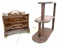 (2pc) Vintage Wood Magazine Holder & 3-tier Shelf