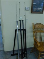 3 Fishing Poles & Iron Rack