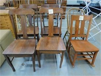 Set of 4 Oak T-Back Chairs, Oak Rocker & Bow Back-