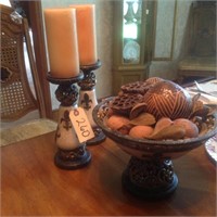 2 candel sticks and decorative bowl