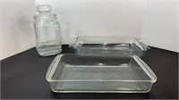 (2) GLASS BAKING DISHES & CANDY CONTAINER