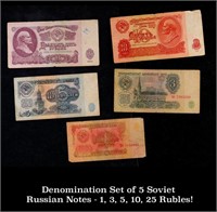 Denomination Set of 5 Soviet Russian Notes - 1, 3,