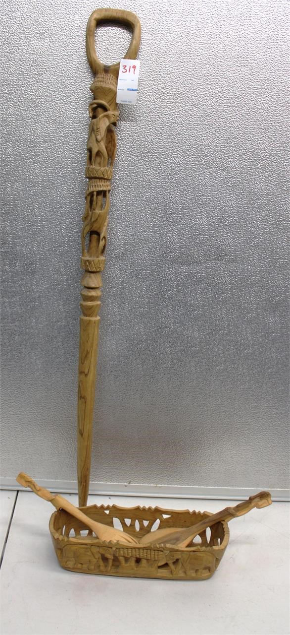 Hand Carved Elephant Walking Stick & Bowl