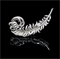 Diamond set 18ct white gold feather brooch