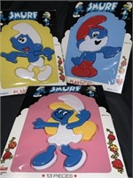 3 VTG SMURF PLASTIC PUZZLES IN BOXES