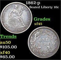 1862-p Seated Liberty 10c Grades xf+