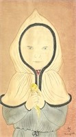 Leonard Tsuguharu "A Girl with Bird" Woodcut