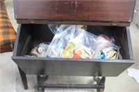 MOHAGANY SEWING CABINET AND CONTENTS