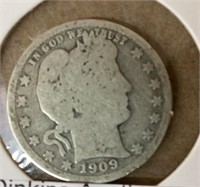 1909 barber quarter silver coin