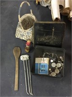 Buttons and tin, wooden spoon lot