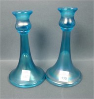 Central Glass Blue Stretch Glass Candlesticks