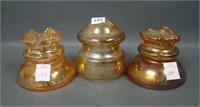3 Vintage Marigold Carnival Glass Small Insulators