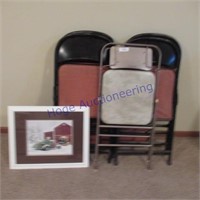 Card table& 5 folding chairs, framed picture