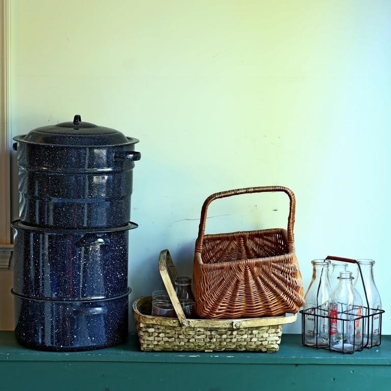Baskets, milk bottles and  an Agate steamer