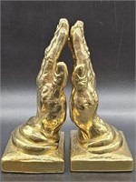 Gilt Ceramic Praying Hands Bookends, Heavy