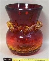 MCM Amberina Crackle Glass Vase w/ Applied