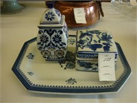 Wedgwood blue and white platter along with a box