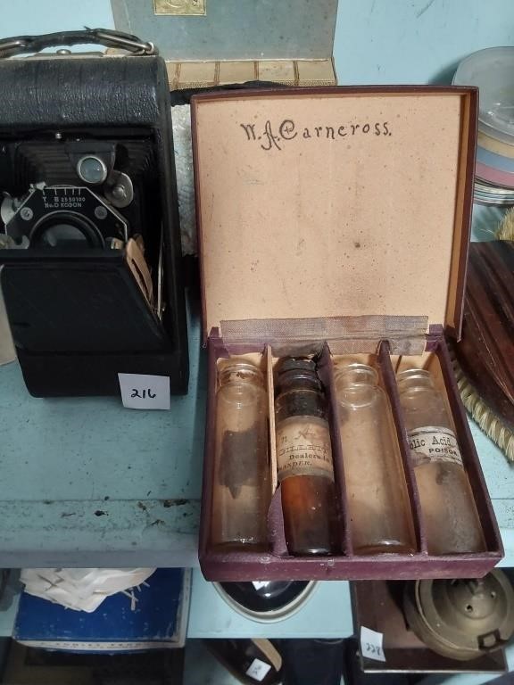 Antique  Kodak Camera & Box of Chemist Bottles