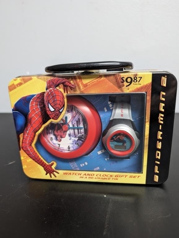 2004 Spider-Man Watch & Clock w/ Re-Usable Tin NIB