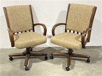 Pair of Dark Wood Upholstered Rolling Chairs
