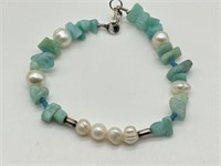 Fine 950 Pure Silver Larimar & Pearl Bracelet