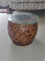 Woven basket table with glass top