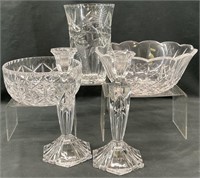 5pc Crystal Candlesticks, Bowls & Vase