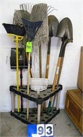 Rack w/ Contents- shovels, rack, brooms, mops