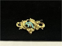 ANTIQUE 14K YELLOW GOLD BROOCH WITH TURQUOISE